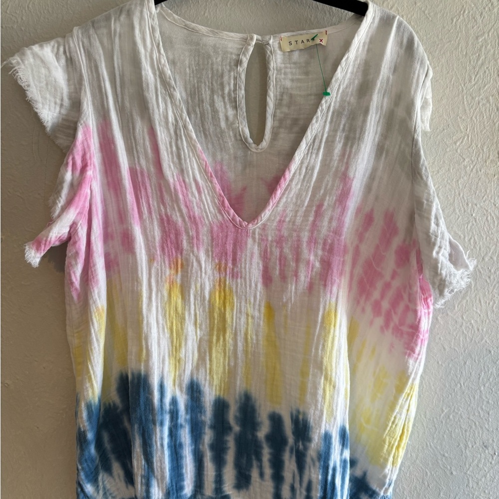 Stark‎ X  Pink, Yellow, and Blue Tie-Dye V-Neck Blouse